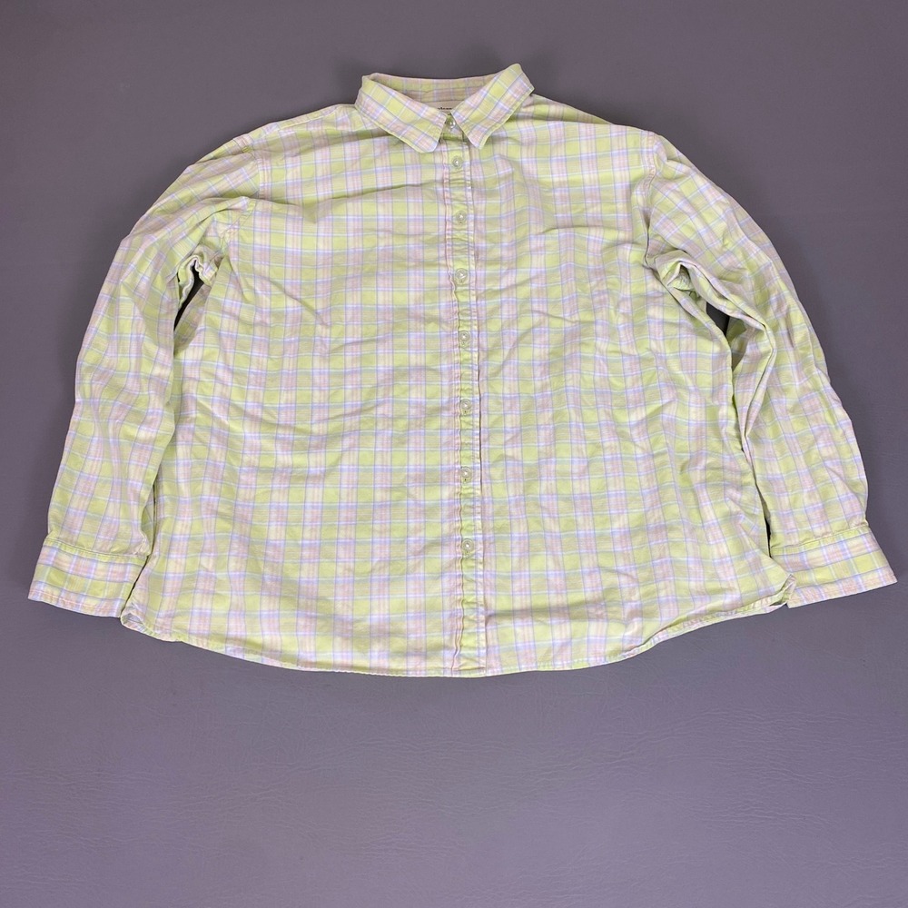 Appleseeds Shirt Button Down Women's Plus Size 1X Lime Green Pink Plaid Cotton